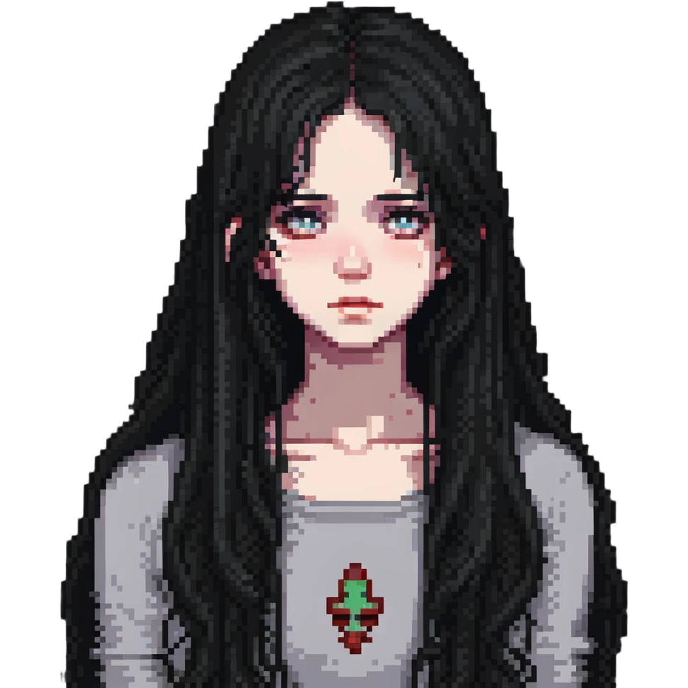 pale girl with long black hair, sad expression emoji