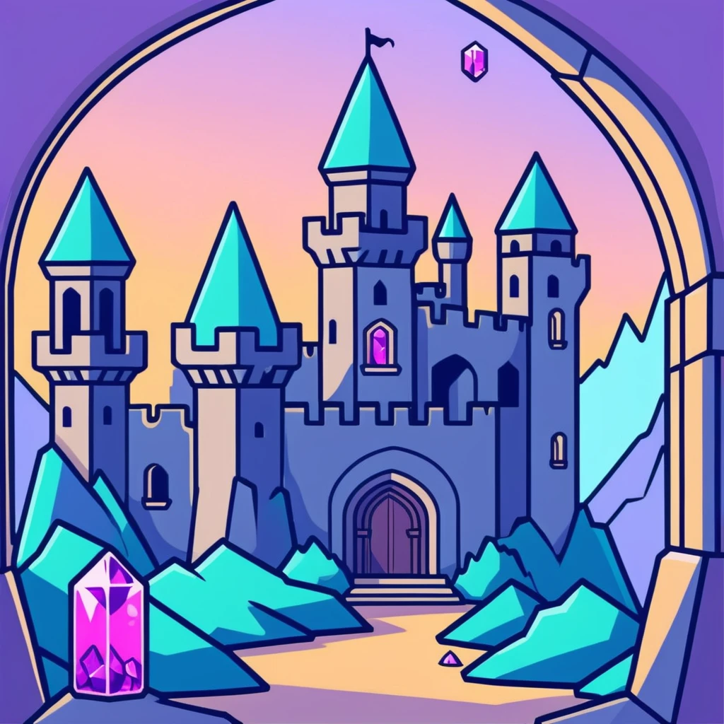 Dragon lair in an ancient castle ruins with magical crystals emoji