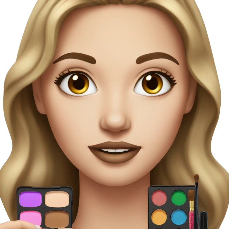 White girl with Brown hair doing makeup with makeup kit emoji