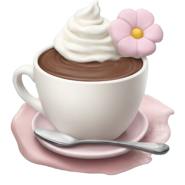 Hot chocolate with pale pink flower and whipped cream emoji