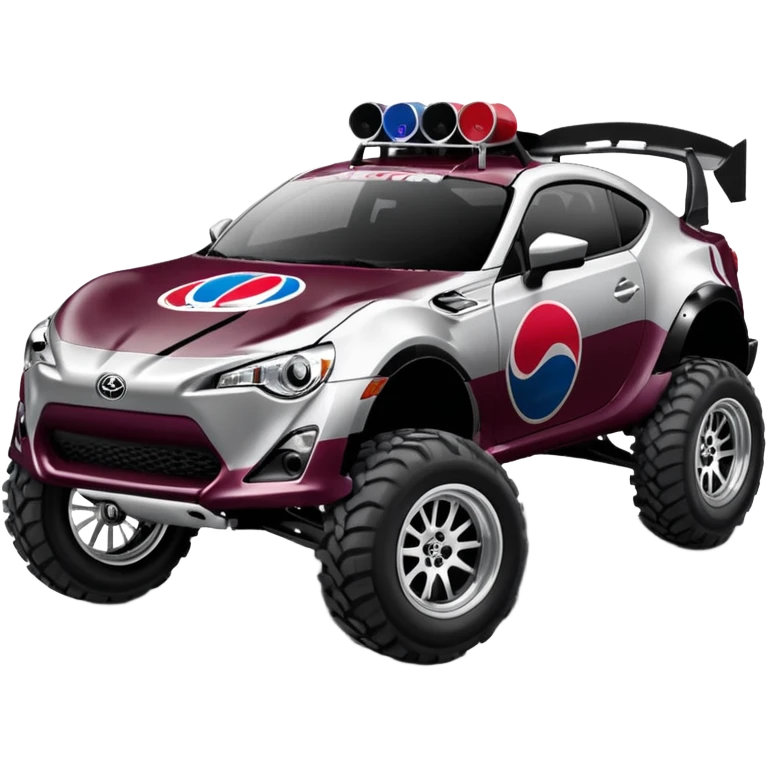 Extended wheelbase 2013 scion fr-s dark black cherry off road 4wd monster Baja dessert stadium racer number 86 with long travel suspension, shiny silver wheels, exaggerated black fender flares made out of Pepsi cans  emoji