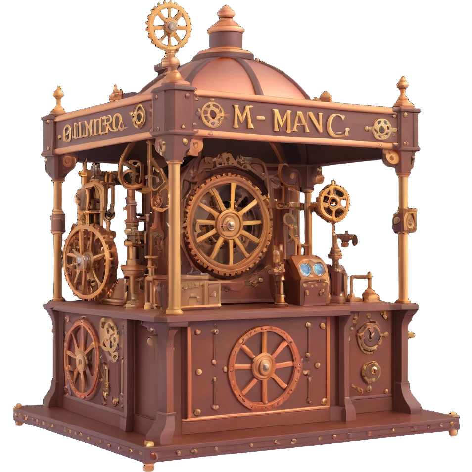 3D festival booth, steampunk theme, intricate mechanical details, brass and copper accents, Victorian-inspired design emoji