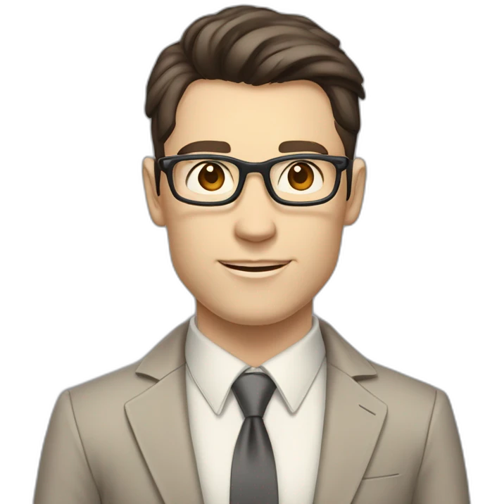 Pale skinned fit man with dark brown hair in gray jacket, beige office shirt, brown tie, brown pants and vintage glasses Writing on a marker board emoji