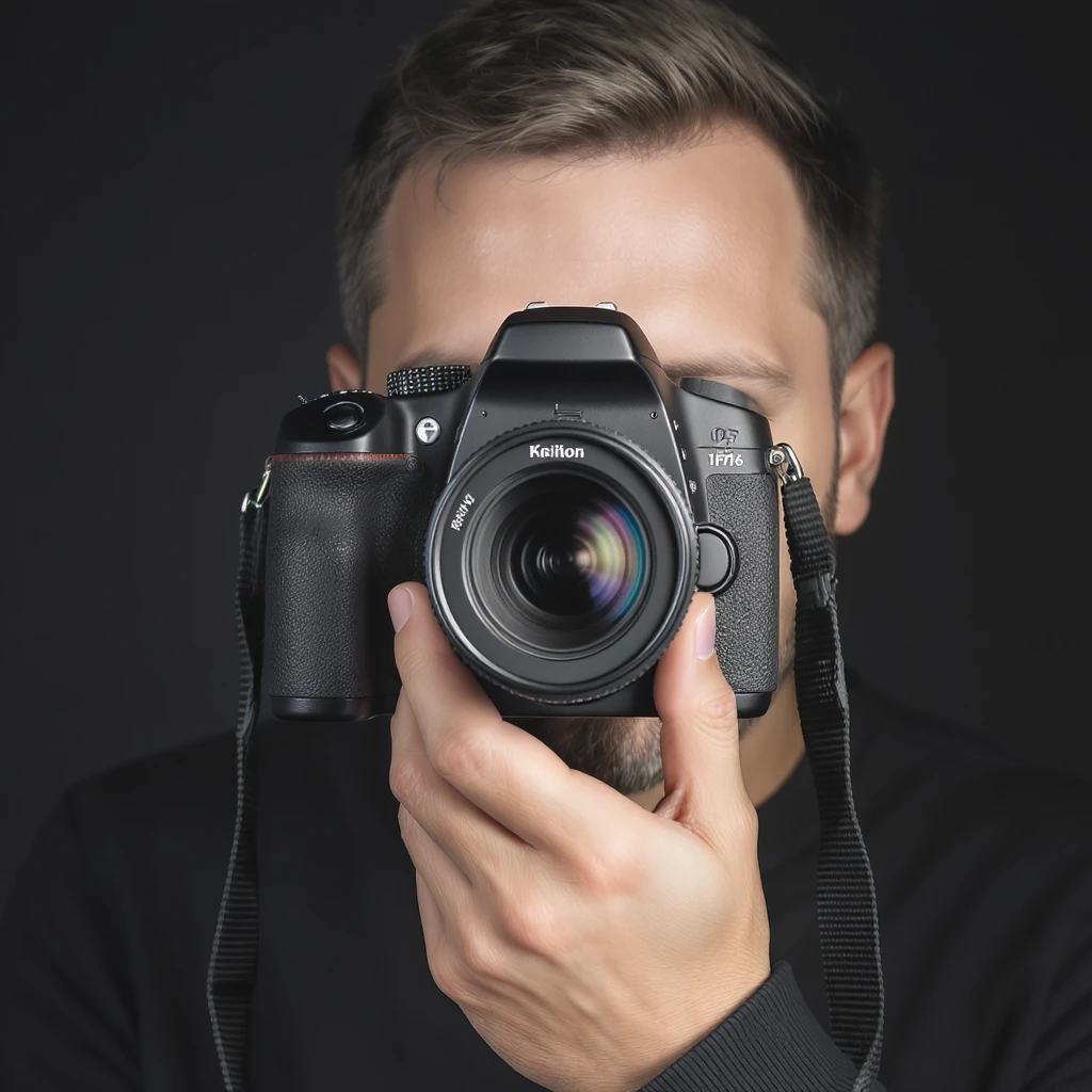 realistic portrait  of hand held dslr camera, studio quality, close up emoji