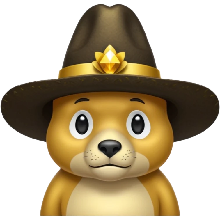 Oso dorado con sombrero elegante y moño negro triste animatronico emoji