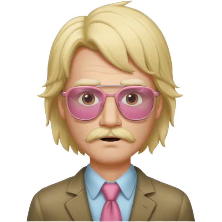 slender man character inspired by Boomganza, wearing rose-colored glasses with no lenses, frizzed out blonde wig like Joe Dirt, scruffy thin beard and mustache emoji
