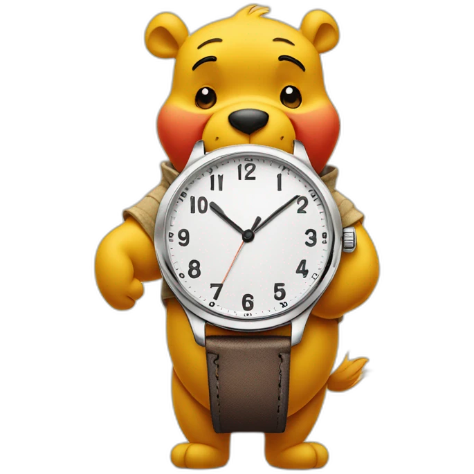 Winnie the pooh looks at the watch on his hand emoji