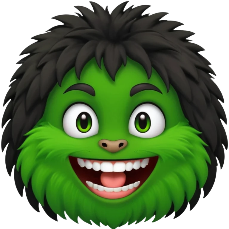 A bald person with green sclera and green teeth, grinning widely. Has fluffy black neck fur, with a fluffy black body emoji