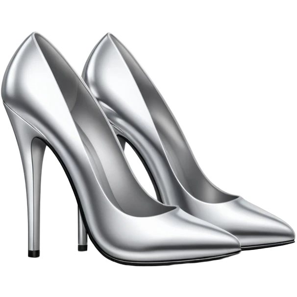 A pair of high heel shoes emoji made of polished silver chrome, elegant sharp silhouette, smooth metallic surface, glossy reflections, luxury sexy vibe, minimalistic iOS emoji style, centered, clean white background emoji