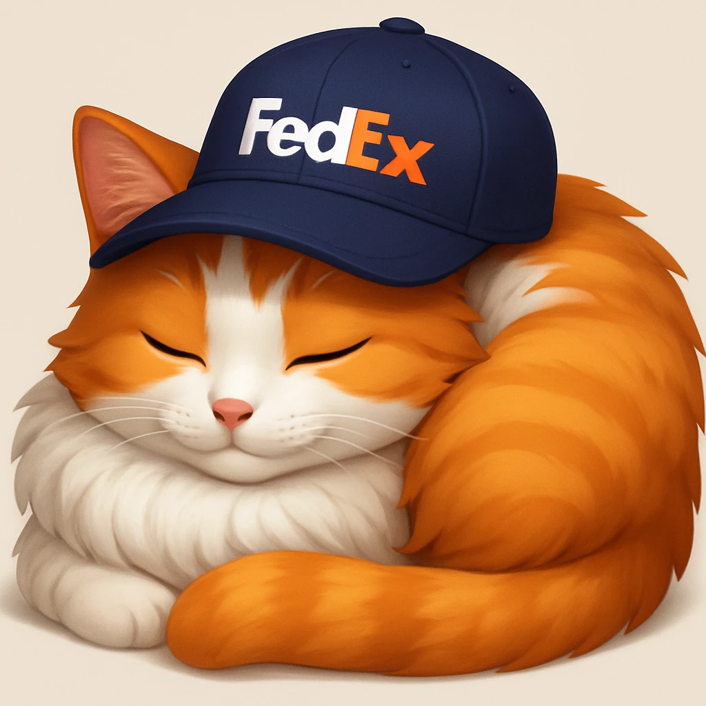 sleeping cat emoji with a FedEx uniform cap emoji