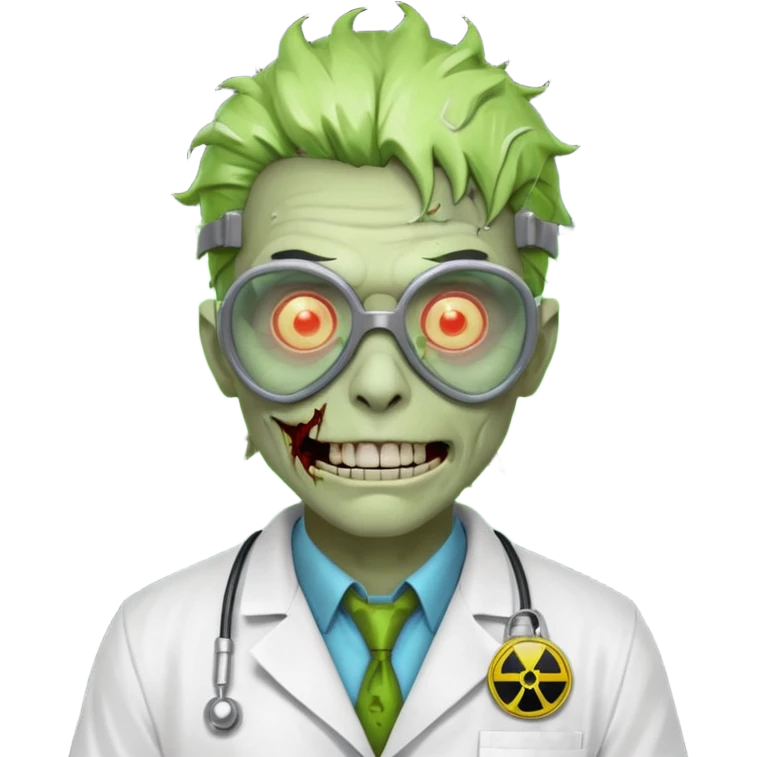 radioactive zombie scientist portrait, head and shoulders only, glowing toxic veins, cracked goggles, lab coat with radiation badge, sinister smile, 3D cartoon, mobile game icon style, clean background, no text, no watermark
 emoji