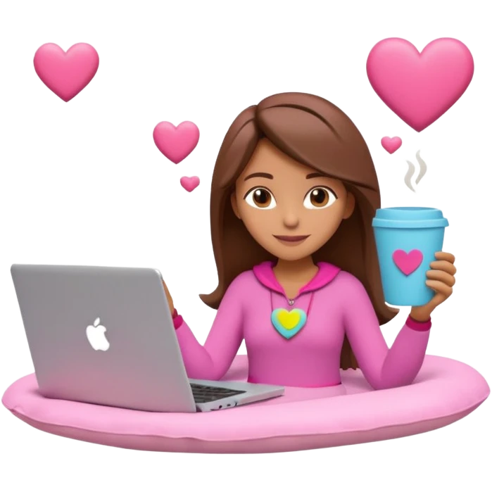 3D clay character relaxed with laptop and coffee, floating icons (envelope, heart, dollar), colofrful outfit, pink (#FF6B9D) floating icons, white laptop, Pixar style, transparent background emoji