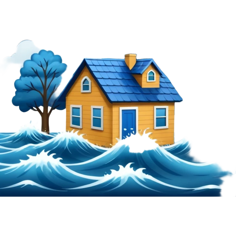 showing a flood disaster scene with powerful blue water waves overflowing around small houses and trees, dark cloudy sky, heavy rain falling, dramatic yet simple design emoji