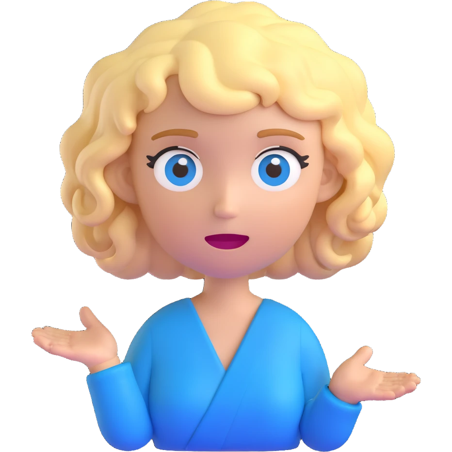 woman with short curly blonde hair and blue eyes, shrugging, 3D emoji style emoji