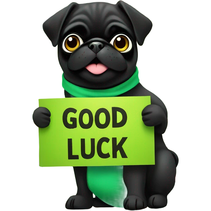Black pug , surrounded by flowers, holding a green sign that says “good luck”  emoji