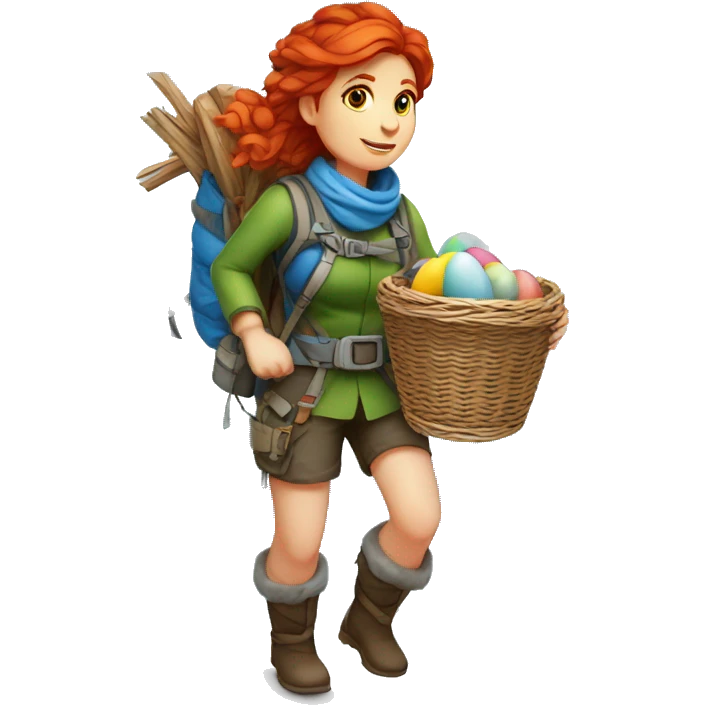 red hair female winter mountaineer climbing with Easter eggsbasket and Greek flag emoji