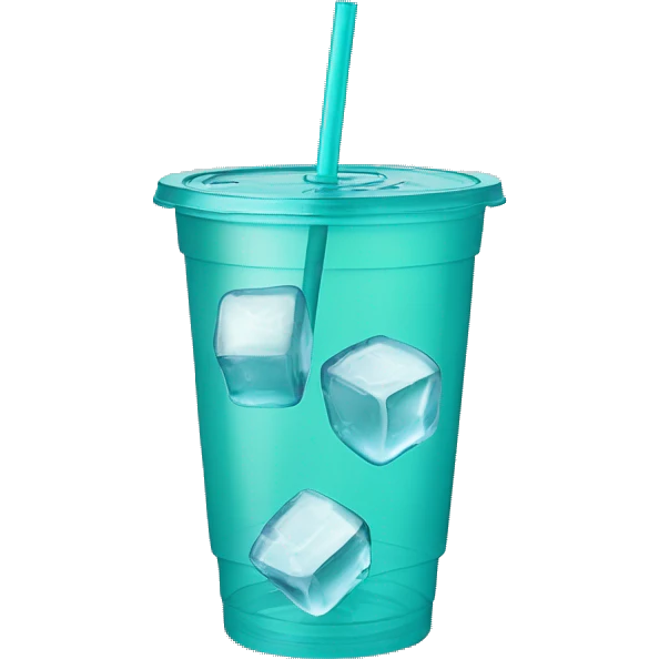Realistic plastic cup and lid with Transluscent teal and large ice cubes inside and one straw through the top of the lid. emoji