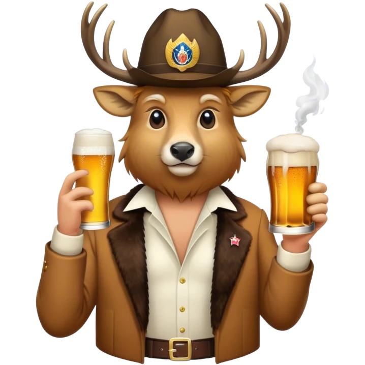 A buck with a beer trump hat and cigarette  emoji