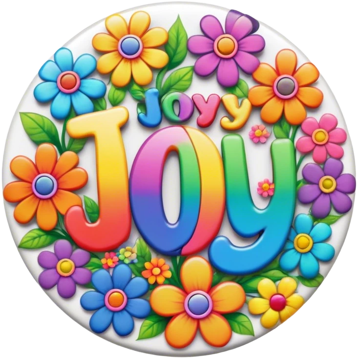 A round psychedelic colored button that says joy with rainbow colored hippie style flowers emoji