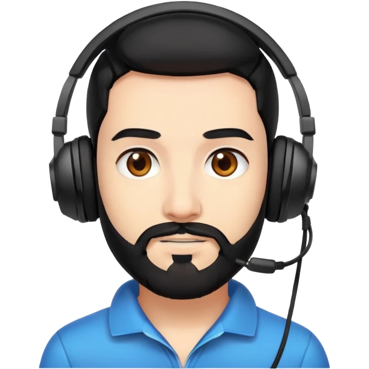 A person with black hair, brown eyes, a black beard, wearing a gaming headset emoji
