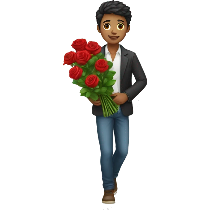 Young man with social cloths carrying a bouquet of red rose flowers emoji