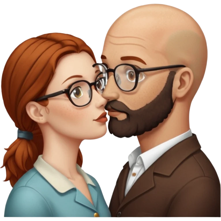 Couple. Bald man with dark brown-black beard. White woman with many small, faded freckles, she has white skin and she has auburn-brown-cinnamon, dark long hair. She has light brown eyes. The man have hazel eyes and glasses. Retro style. She kisses him. emoji