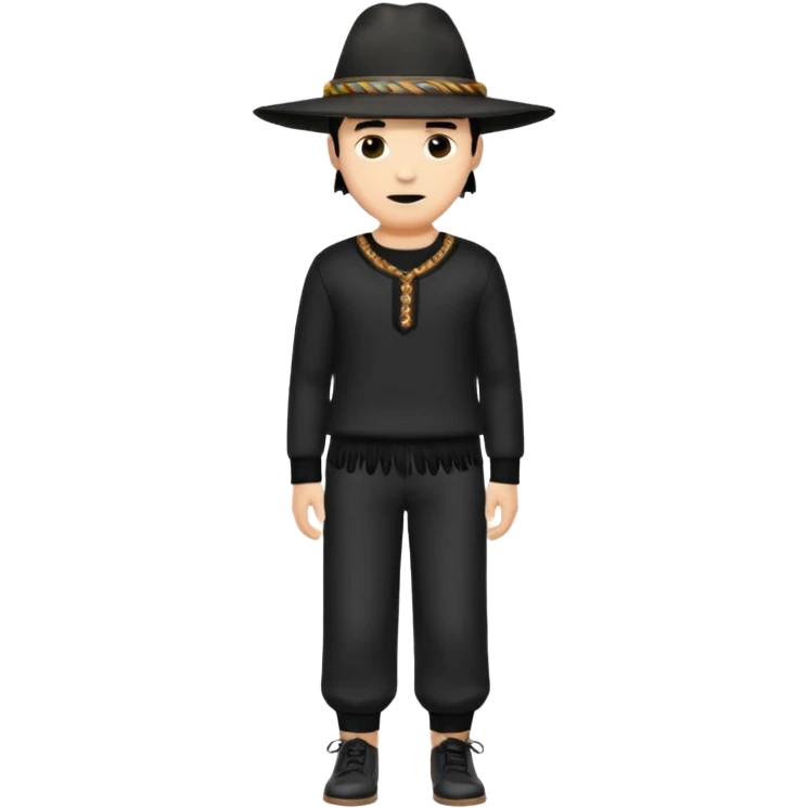 Crea a un hombre con pantalón acampanado zapatos negros un suéter como con fleco en los brazos y una clas de sombrero 👒 pero plano alrededor emoji
