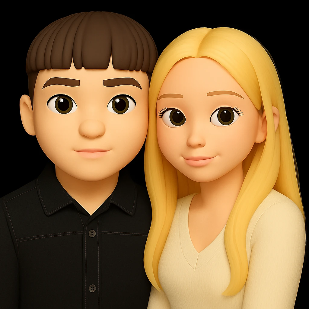 Edit the image to make the skin color of both people the same light tone as the girl, keeping the 3D emoji style and all other details unchanged. Maintain the 3D emoji style look in the edit. emoji
