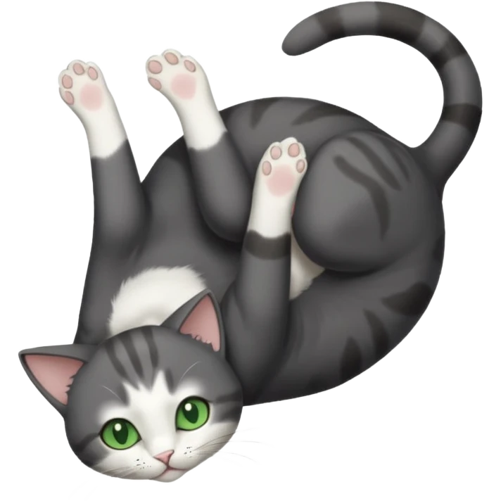 dark grey cat with green eyes, white toes/paws and white patch on her chest playfully rolling upside down emoji