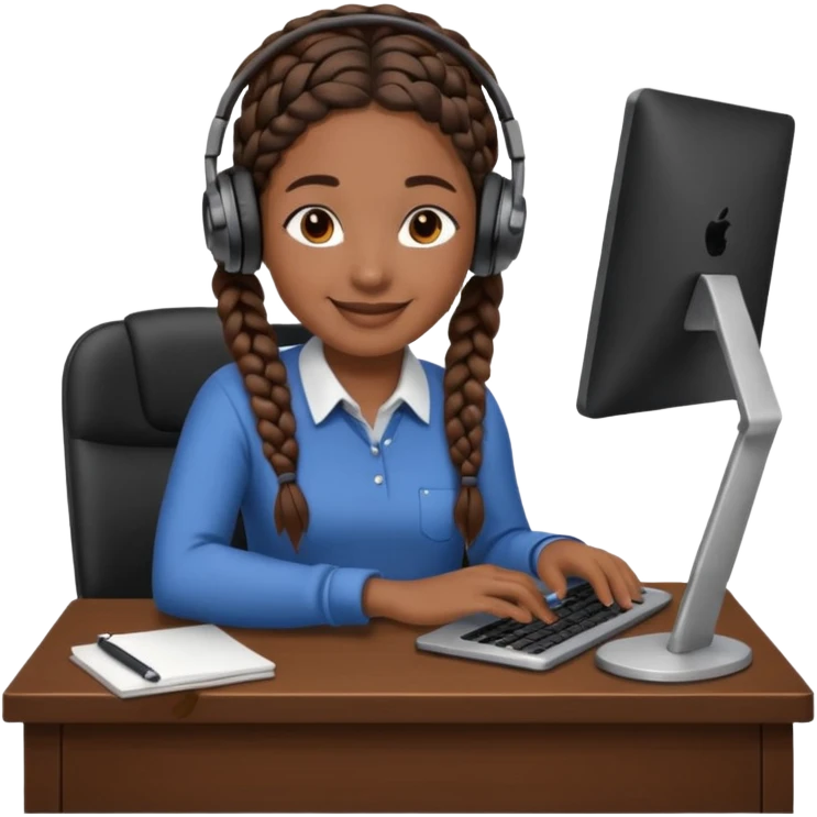 realistic dark brown skinned female with braids leaving desk with headphones on emoji