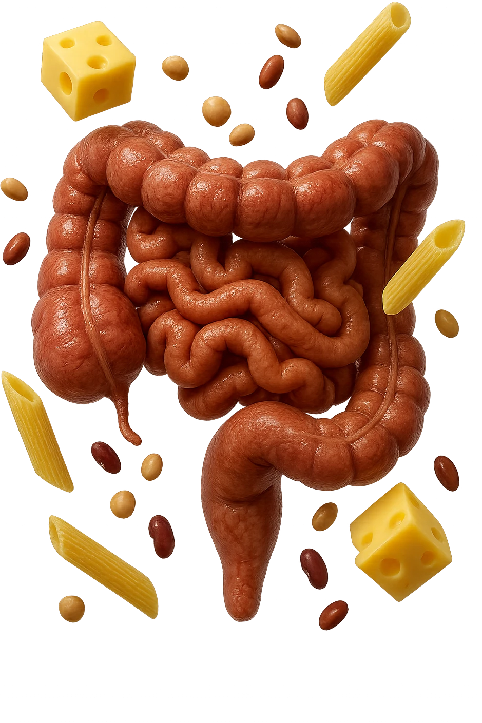 PEZZETTI DI EMMENTAL, PENNE DI PASTA RIGATE E LEGUMI FLUTTUANO INTORNO AD UN INTESTINO UMANO ANATOMICO REALISTICO, iperrealistico 4k emoji