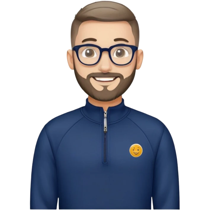 Fair-skinned man with oval face, extremely short tight haircut (very short on top, skin fade on sides), short salt and pepper beard, large black-framed glasses, smiling, wider body type, wearing navy blue long sleeve zip sweatshirt emoji