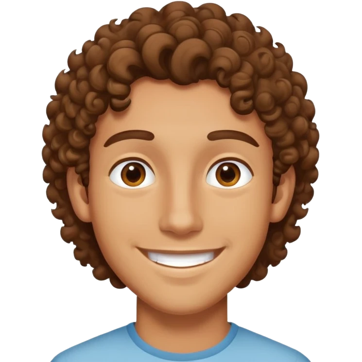 A curly-haired young man with brown hair is smiling emoji