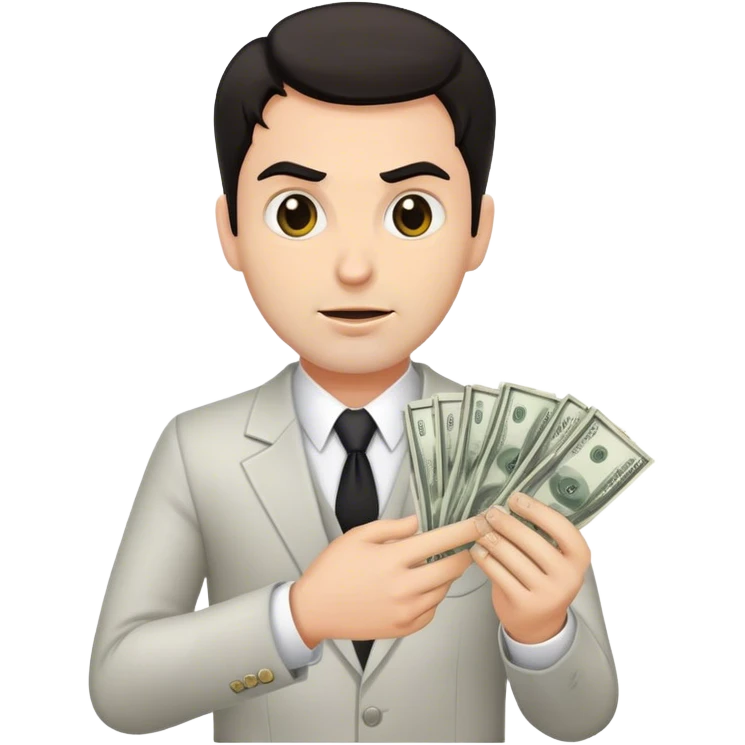 male white realtor hang money in hand, evil, dark hair emoji
