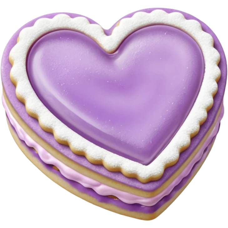 Realistic shortbread cookie in the shape of a heart with pale lilac color jelly middle filling and sprinkled powder sugar on top. emoji
