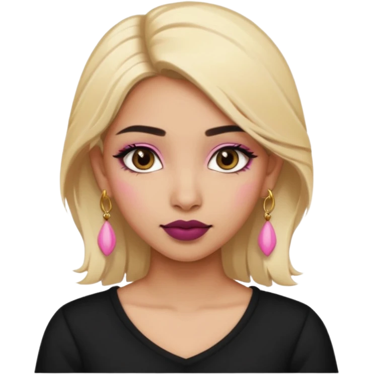 Sweet Indian girl blonde hair darkbrow  eyes brown lipstick, pink blush, black top gold earrings, brown eyebrows  emoji