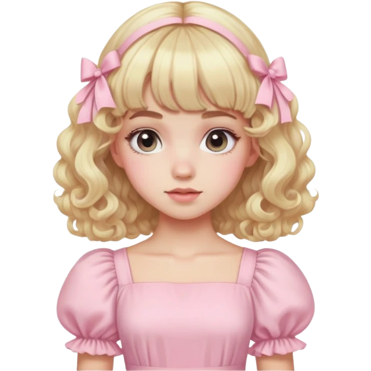 Blonde, pale girl with bangs and curly hair and a pastel pink puff sleeve dress emoji