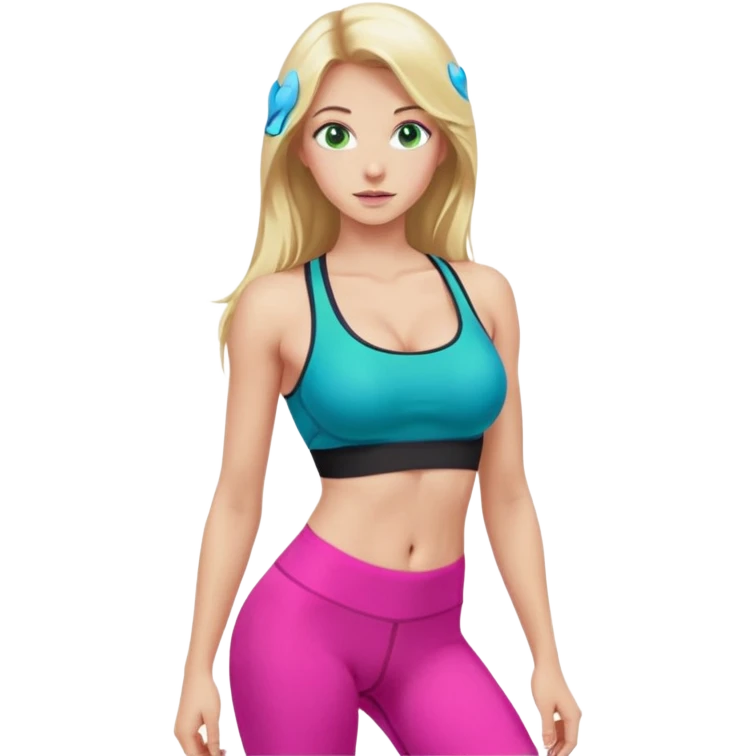 Long Blonde very small waist hourglass really big boobs green blue eyes black gym tights skinny face bright pink sports bra emoji