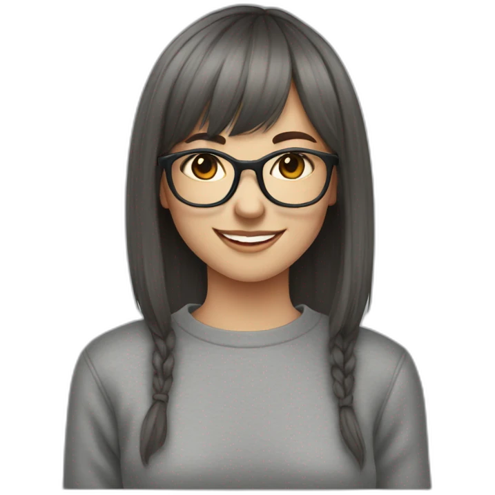 brunette teenager with short hair and bangs and glasses smiling winking gray sweatshirt emoji