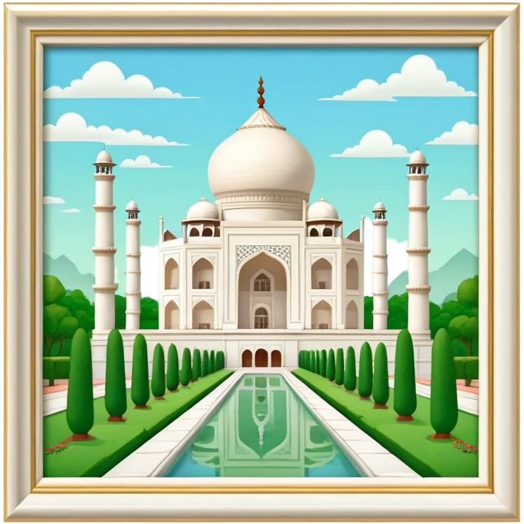 Cinematic Realistic Taj Mahal Landmark Emoji, depicted as the iconic marble mausoleum set amidst lush gardens rendered with intricate detail and ethereal, soft lighting. emoji