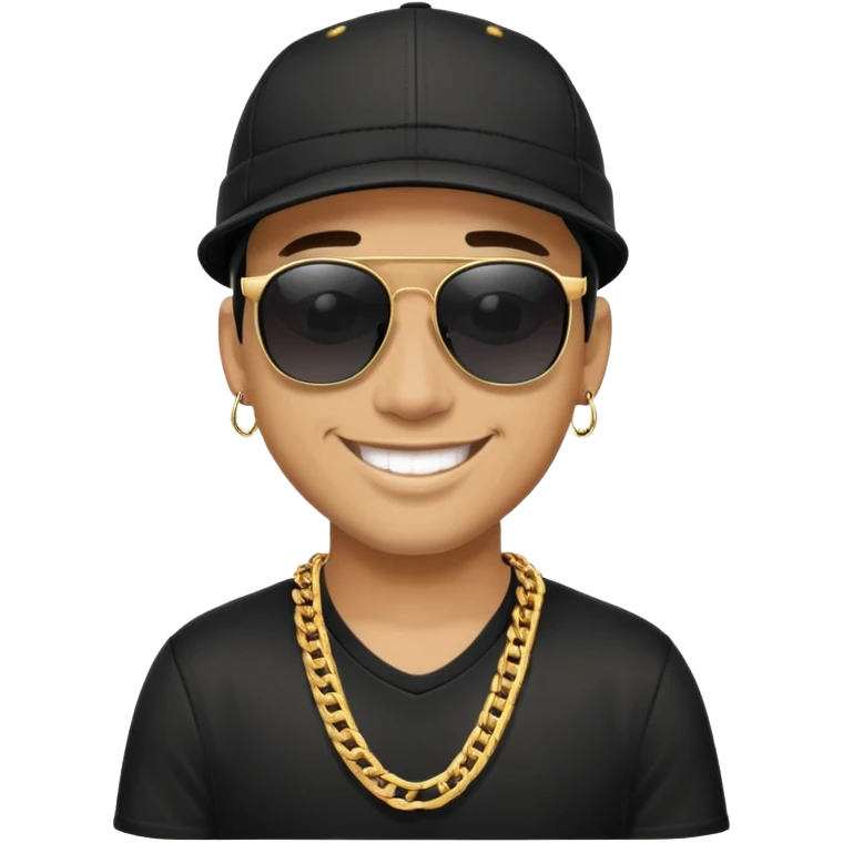 man with black sunglasses, black cap, and gold chain, smiling emoji