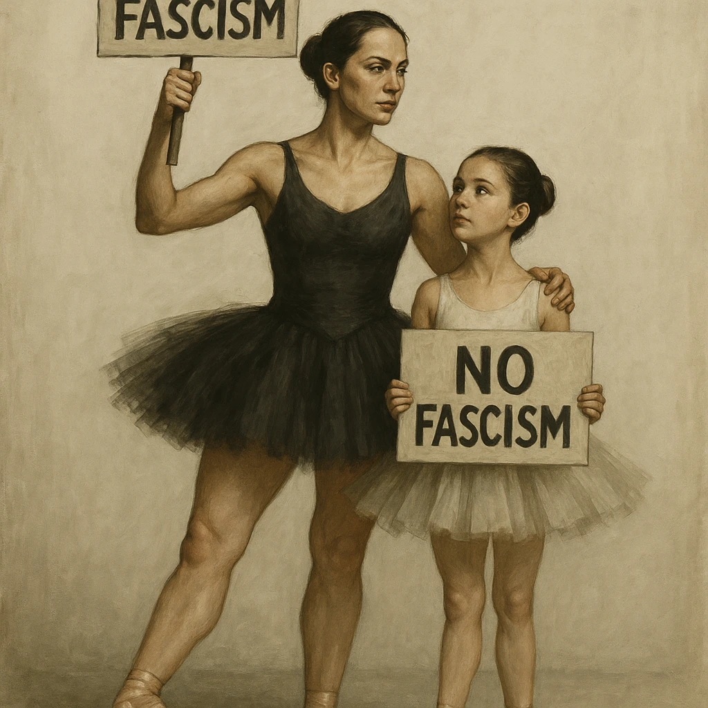 A mother and daughter ballet dancers, both in tutus and ballet shoes, standing together holding protest signs against fascism, expressive and powerful emoji