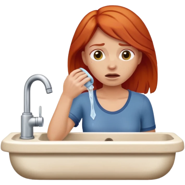 apple style emoji of a red-haired woman at a sink, looking parched and desperate for water emoji
