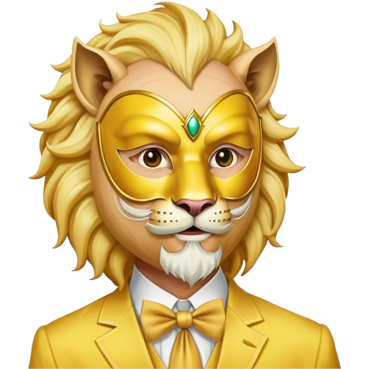a old man, with a Yellow suit,  wear half-face golden Lion masquerade mask emoji