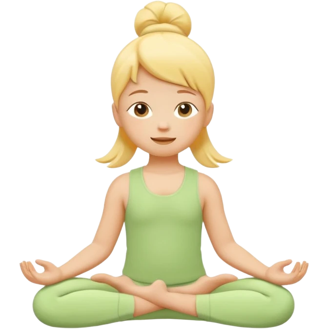 Flat illustration emoji of a small child practicing yoga, simple pose, calm and happy expression, soft pastel colors (yellow, green, soft orange), rounded shapes, minimal details, child-friendly, gentle and warm style, vector illustration, no background, cohesive style with kindergarten branding emoji