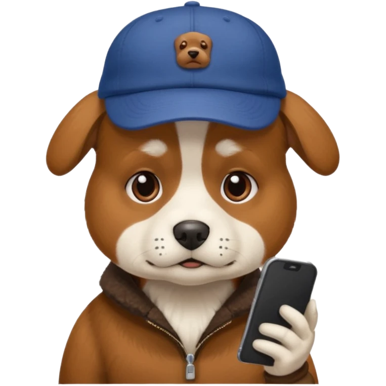 dog with a DeGould branded cap who is sad at his mobile phone emoji