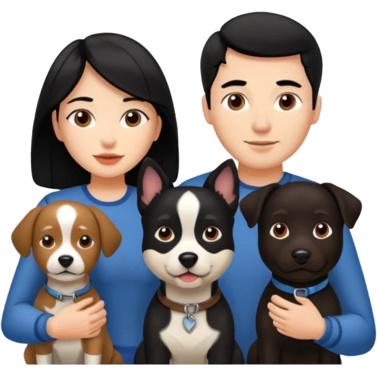 Una chica de pelo negro, con su pareja hombre y sus dos perritas una cafe y la otra negra emoji
