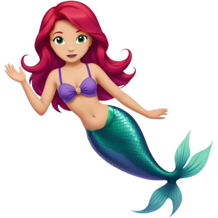Disney Ariel mermaid with red hair swimming, green fish tail, purple top emoji