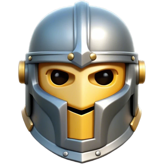 Clash of Clans aesthetic: Cinematic Playful Steel Helm Emoji, rendered in a 3D vector-style similar to standard emojis with minimal shading and bold, simplified shapes. A compact, isometric helmet crafted of shining steel with intricate engravings and a protective visor, softly glowing with a noble warrior charm. Simplified yet unmistakably iconic, highly detailed and consistent, glowing with a soft radiant gleam and high polish. Stylized with a touch of chivalric tradition and a soft glowing outline, capturing the essence of a stalwart battle helm with a friendly, playful manner! emoji