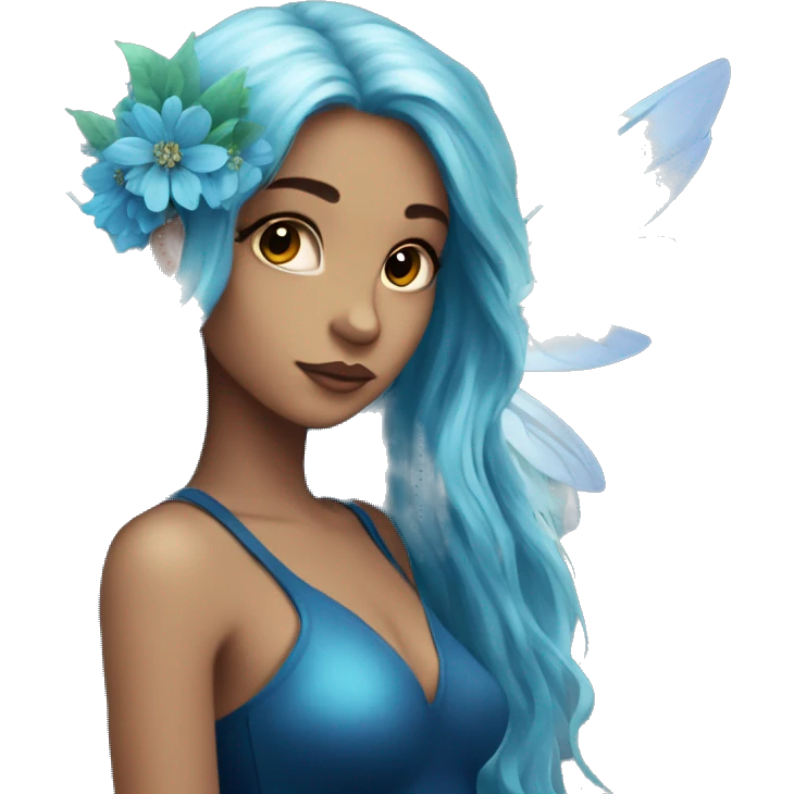 Beautiful, flower, fairy, blue, turqoise, silver, navy, long hair, big wings emoji